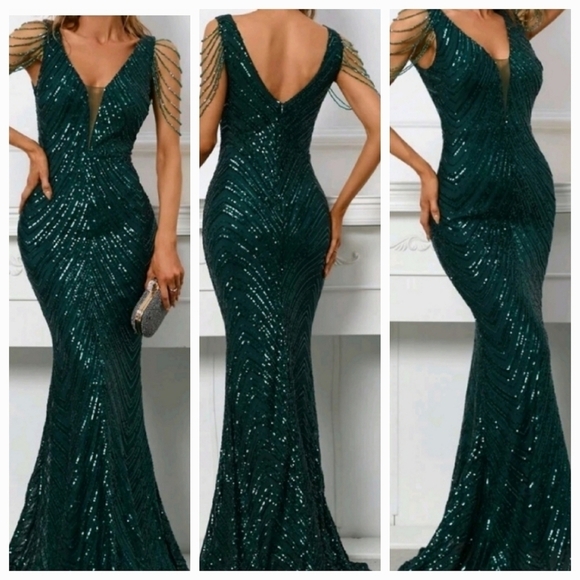 Dark Green, Sleeveless  Deep V Neck,  Rhinestone Draped,  Contras Sequin… - Picture 2 of 16